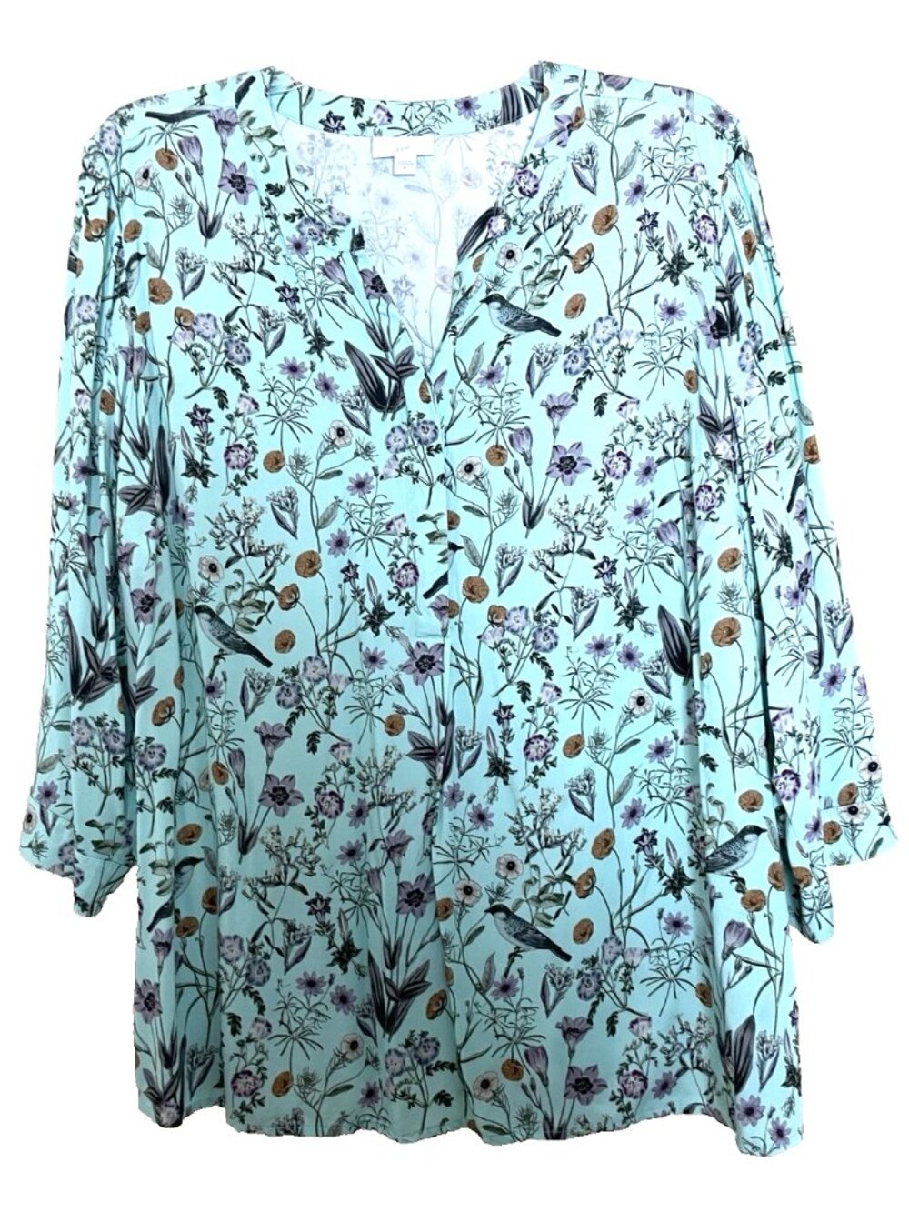 J. Jill Blouse Top Shirt Women Size XL Floral Bird Print 3/4 Sleeve Relaxed